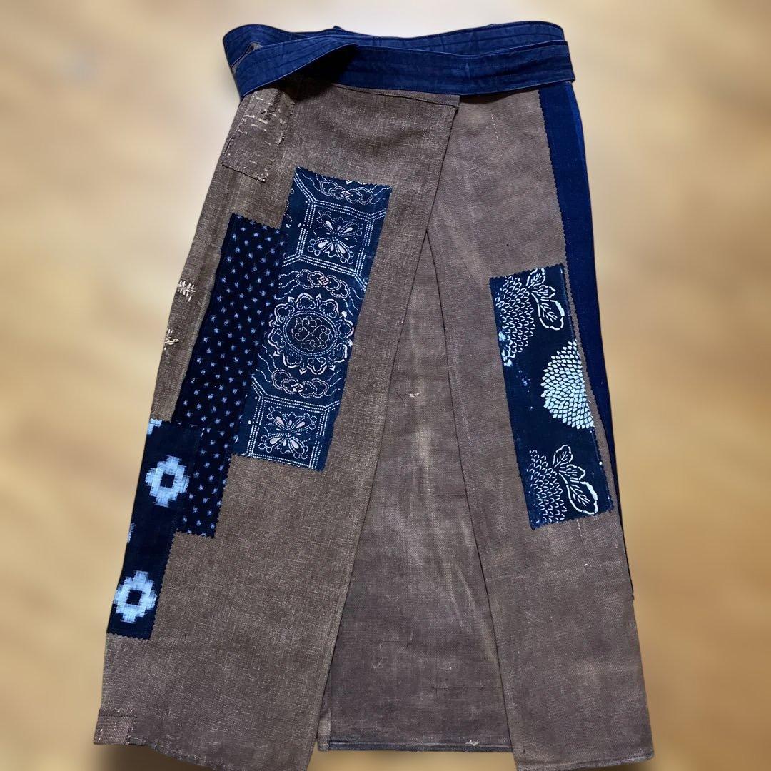 柿渋染め酒袋古布型染め雪ん子格子、縞木綿庄内刺し子ポケット