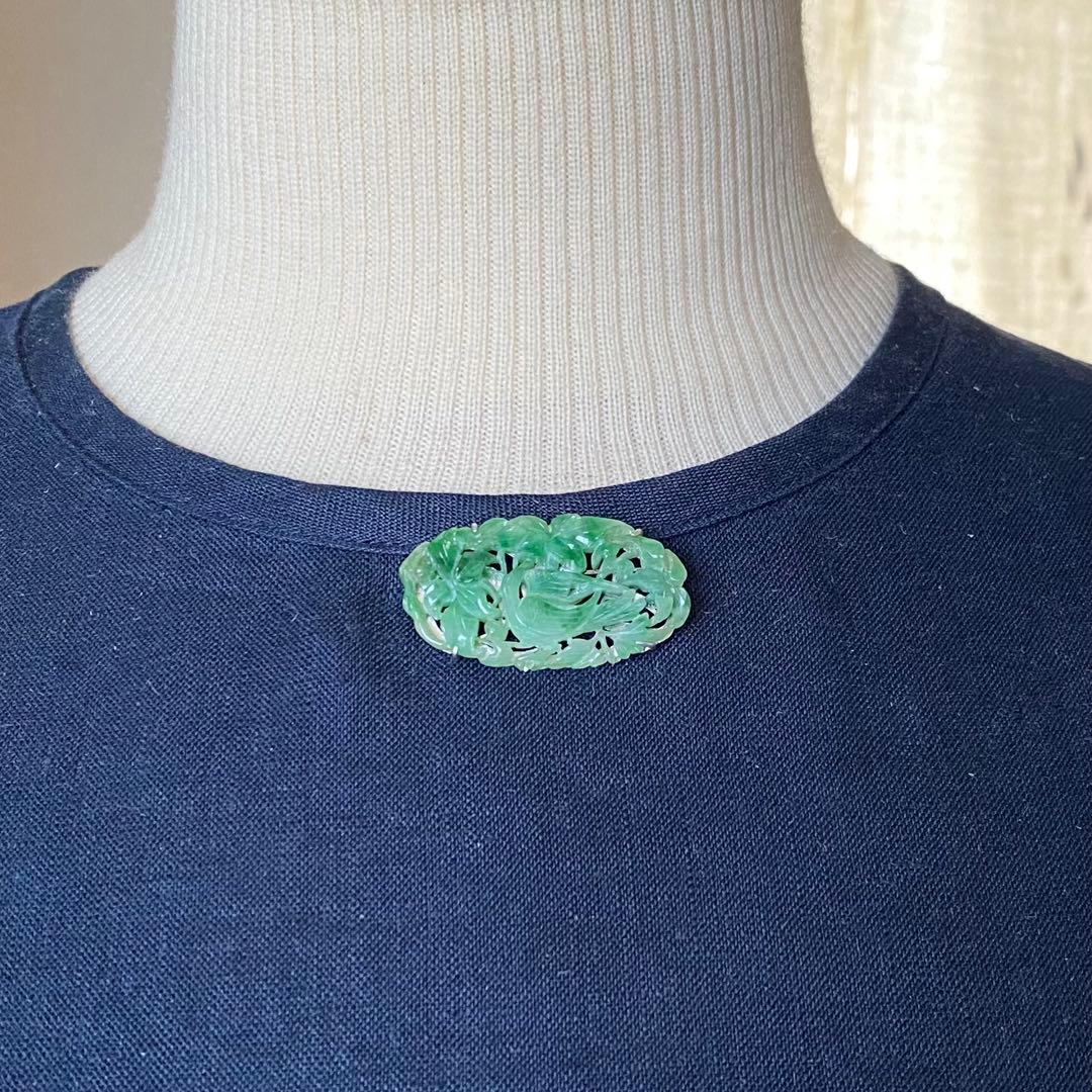 アンティーク翡翠ペンダント兼ブローチ 透かし柄の花鳥図透明感の良い