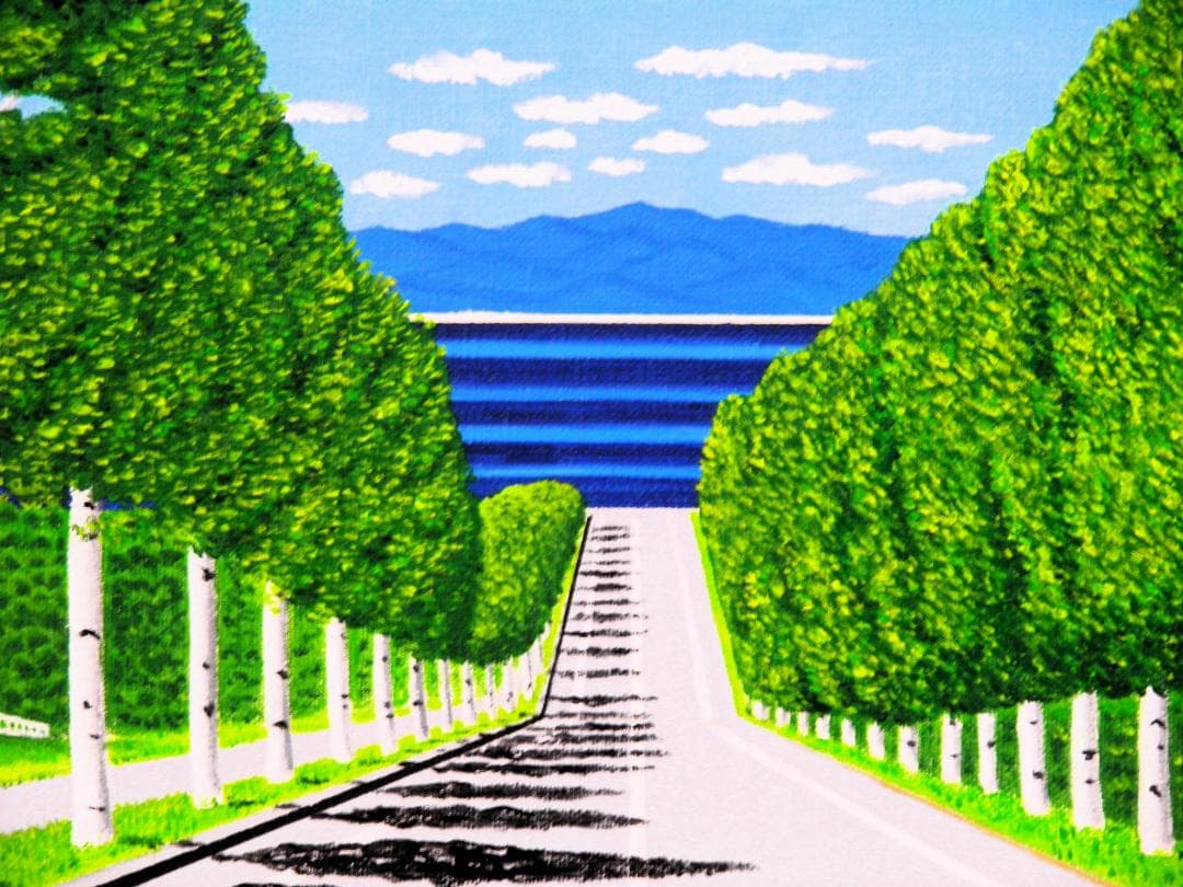 ★海の見える白樺並木・谷村一男肉筆油彩画・F6