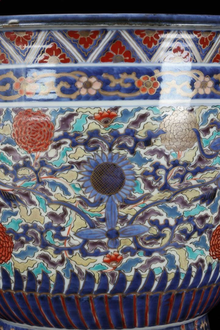 古伊万里】色絵金彩大鉢 菊牡丹文様 植木鉢 蘭鉢 盆栽鉢 火鉢 骨董