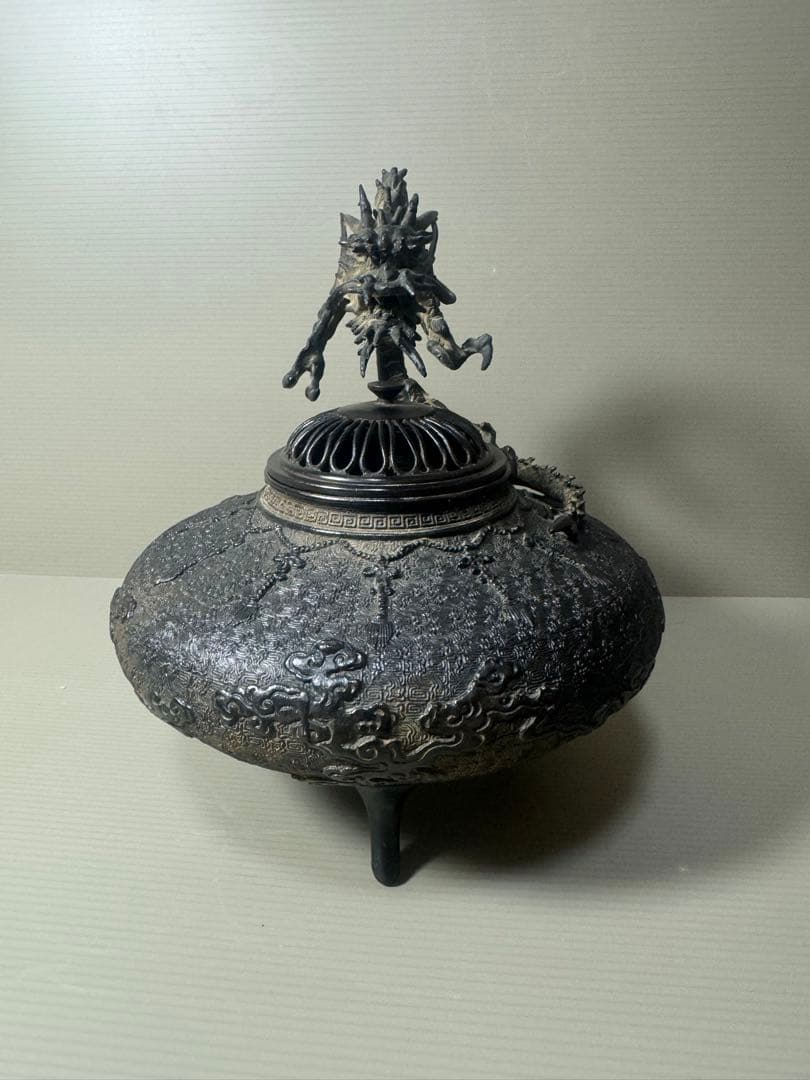 2069 高岡銅器 金工師 米田秀保 造 蝋型鋳銅 立龍提手