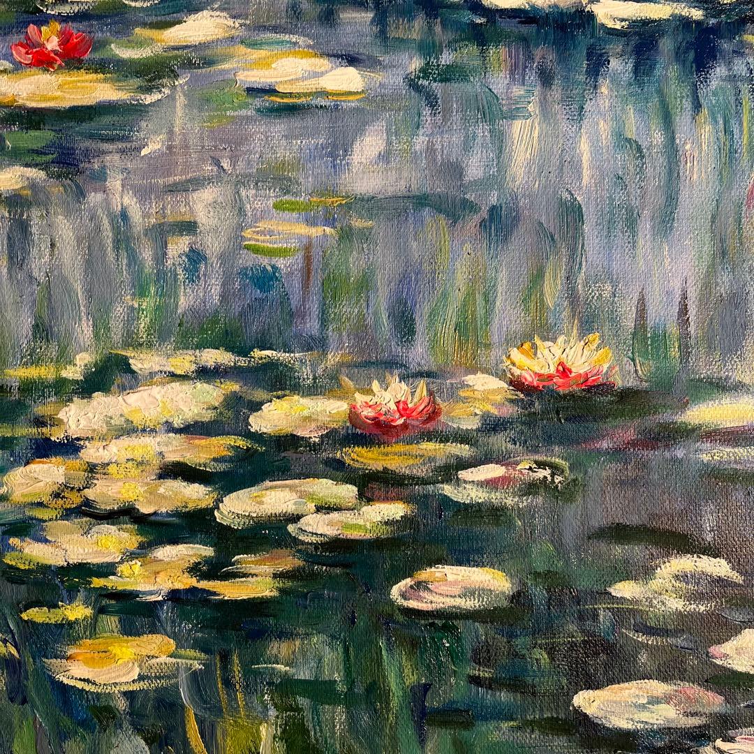 ★秀作★ 手書き油絵 モネ 睡蓮 肉筆絵画 額付き インテリア 油彩画