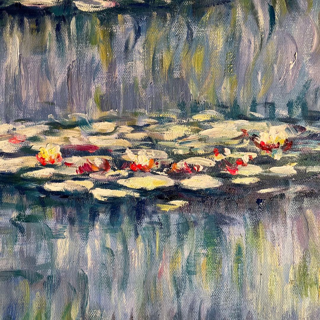 ★秀作★ 手書き油絵 モネ 睡蓮 肉筆絵画 額付き インテリア 油彩画