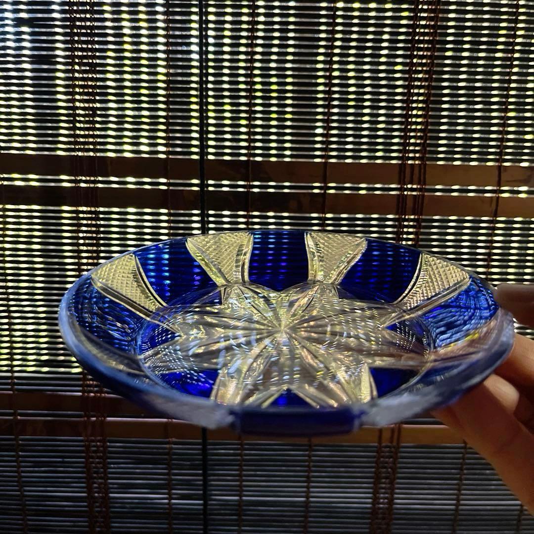骨董 時代ガラス 青色被せ 精密カット 星切子 中鉢 小皿 1客
