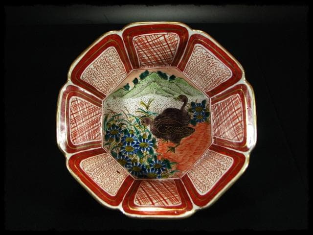 九谷 庄三 角福銘 極彩色 鶉図 八角 深鉢 加賀 古九谷