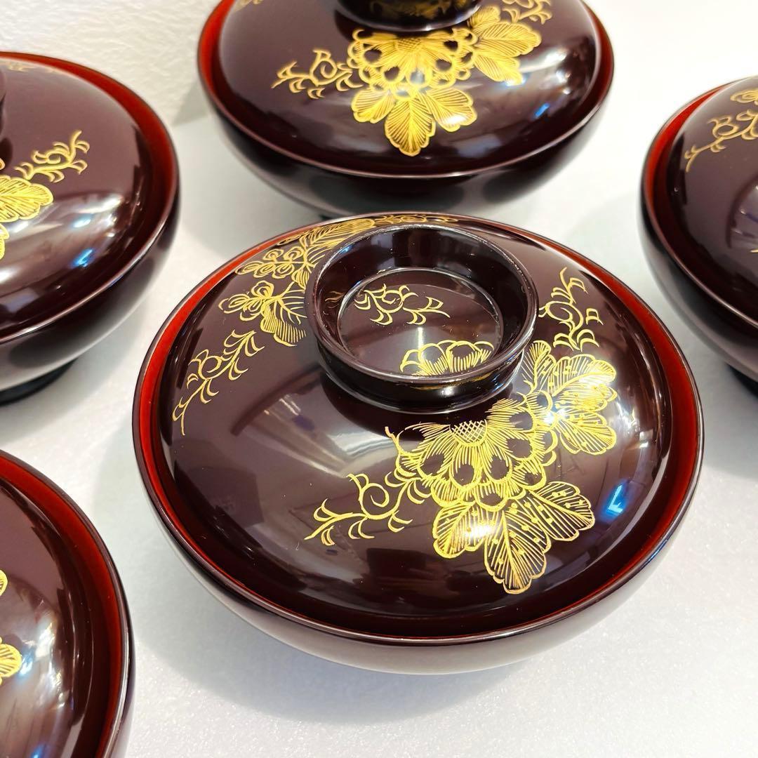 ⭐️【 新品 】川連漆器 天然木漆器 沈金 唐草牡丹彫蒔絵 蓋付き椀揃 5客⭐️