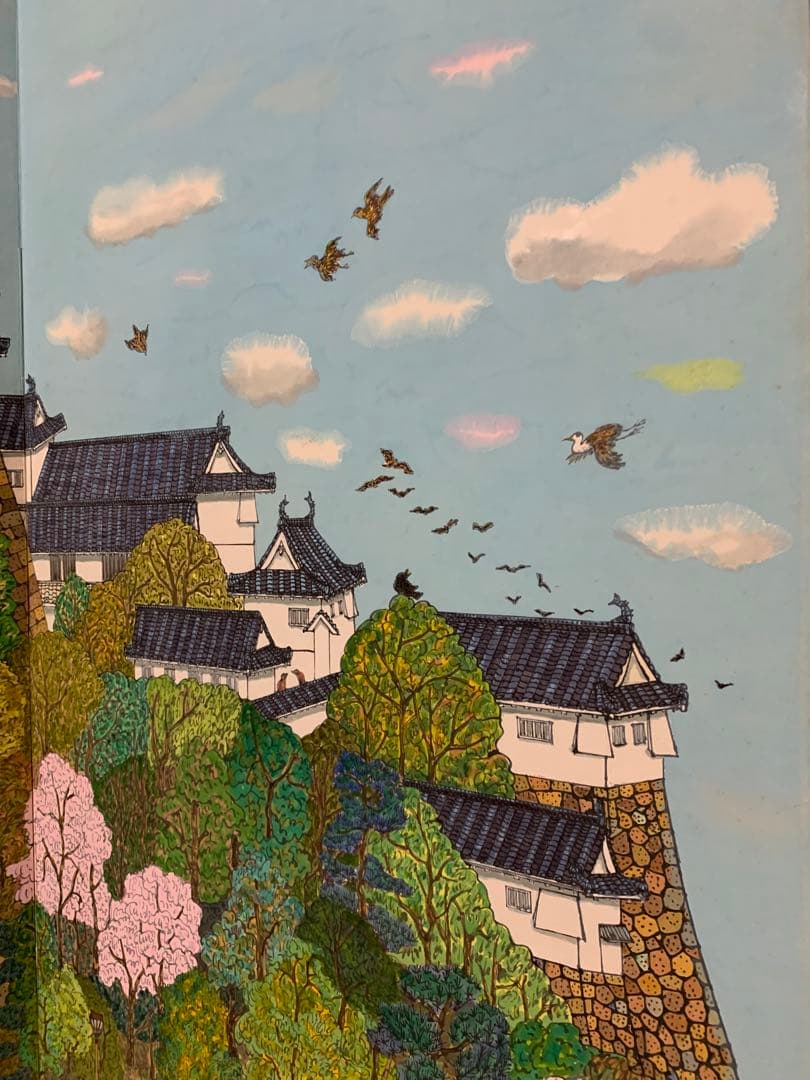桜と姫路城の風景画屏風式日本画1995年