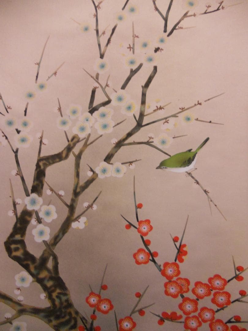 掛け軸 平松耕一 紅白梅に鶯 絹本 希少 軸装 茶道具 掛軸 美品 です。