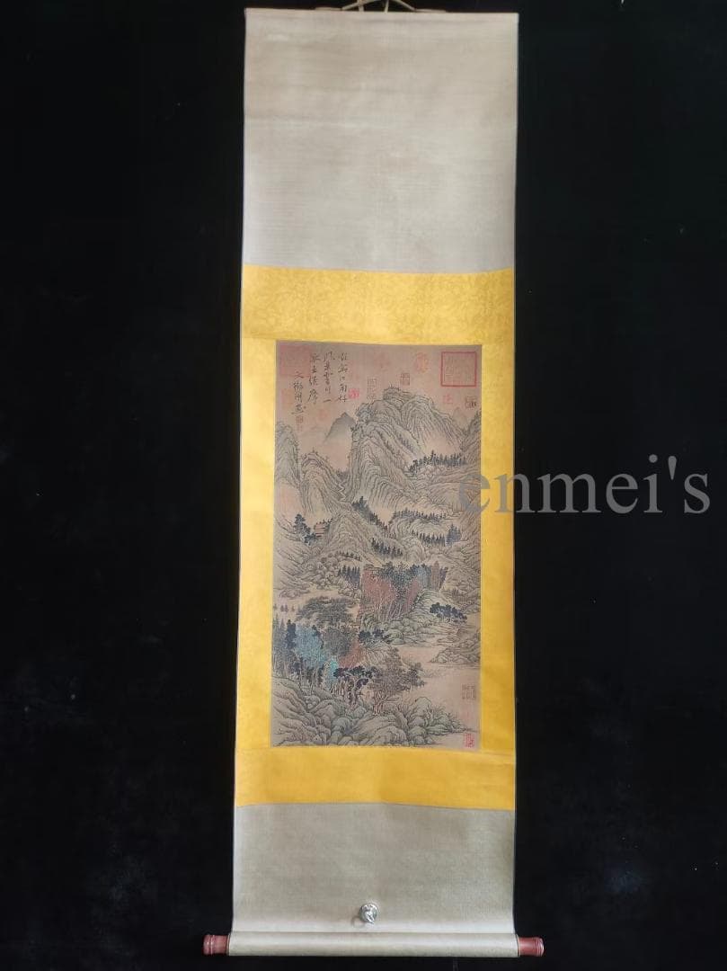 中国古美術 明代 文徴明作款 山水画 水墨画 絹本 三尺 手描き 掛け軸 肉筆 中国古美術 明代 文徴明作款 山水画 水墨画 絹本 三尺 手描き 掛け軸