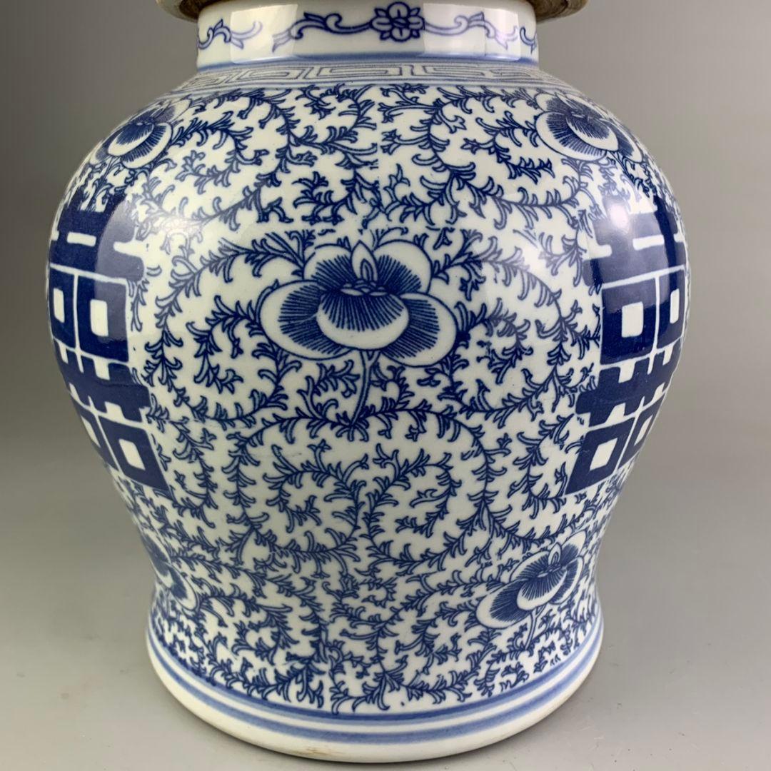 青花喜字紋将軍缶 景徳鎮 陶磁器 装飾品 現代工芸品 美術
