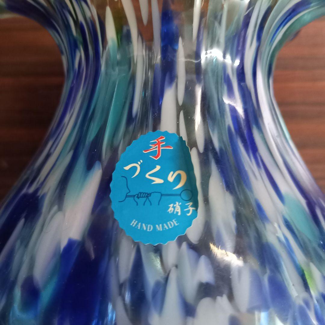 手作りガラス花瓶 青と白のマーブル模様 ハンドメイド フラワーベース