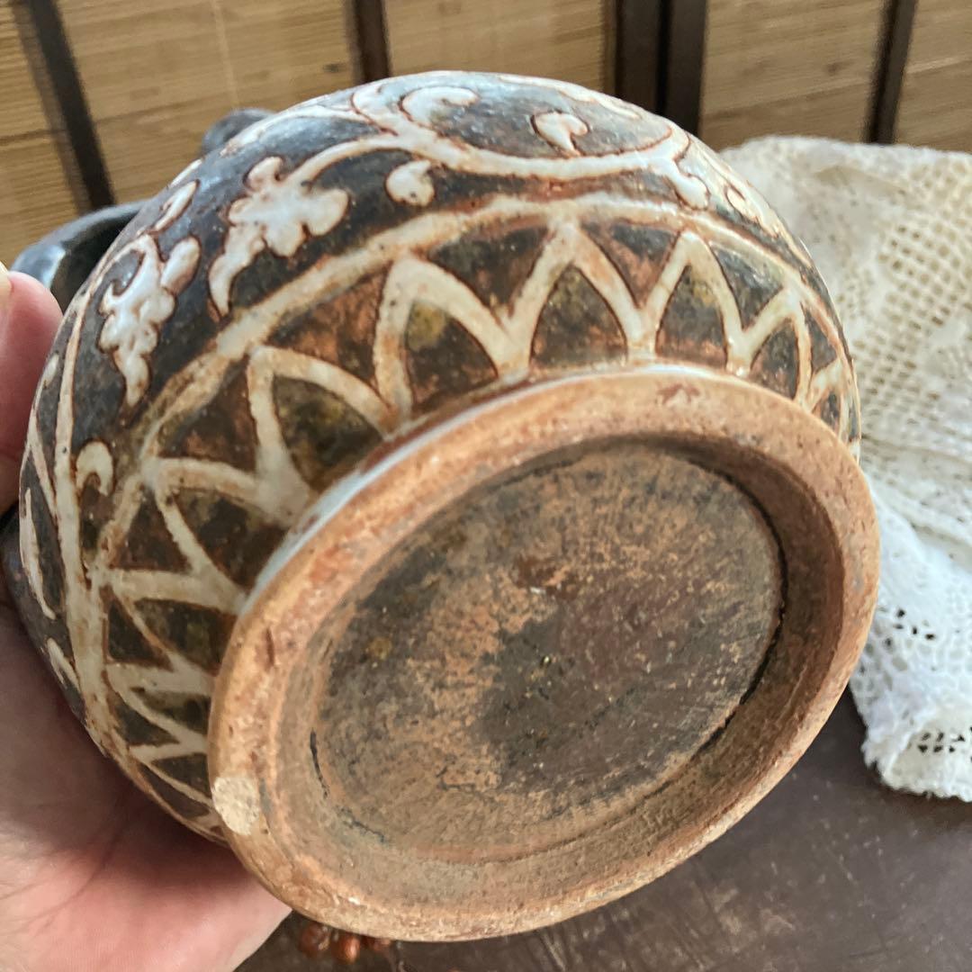 アジア 骨董 水差し 陶器 ヴィンテージ 唐草模様｜アジア 骨董 水差し