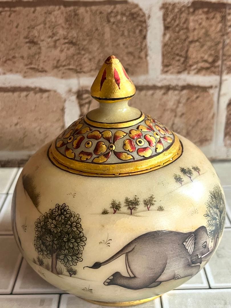 定価25, 手描き 象細密図 大理石 小物入 金彩仕上げ マハラジャ様式