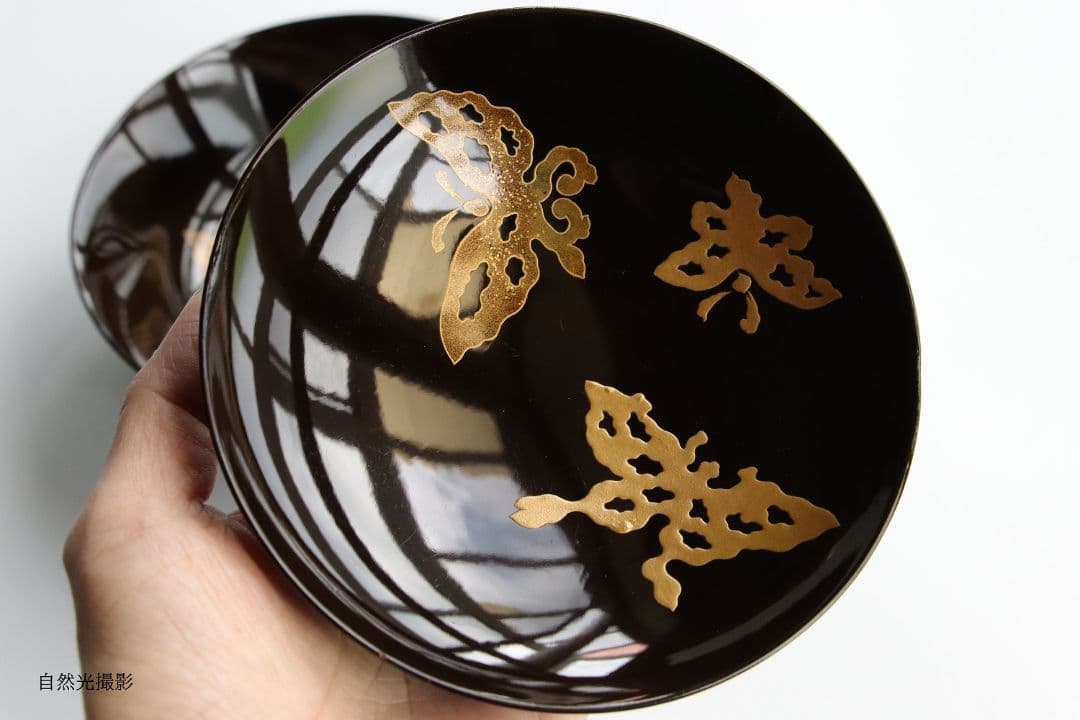 M873 時代 木製漆器 輪島塗 蝶金蒔絵 黒塗椀 二客 天然木 梨地