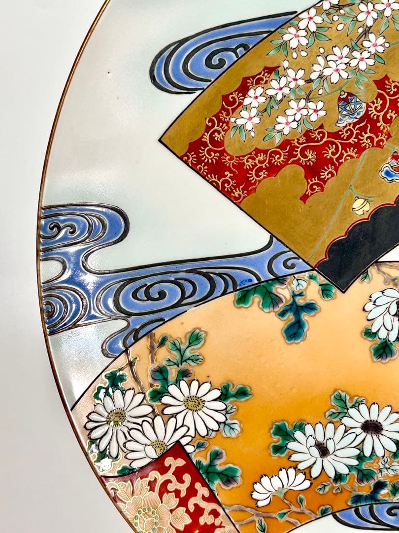 稀少 明治九谷の第一人者 松本佐平 松雲堂 五彩手流水草花文大皿