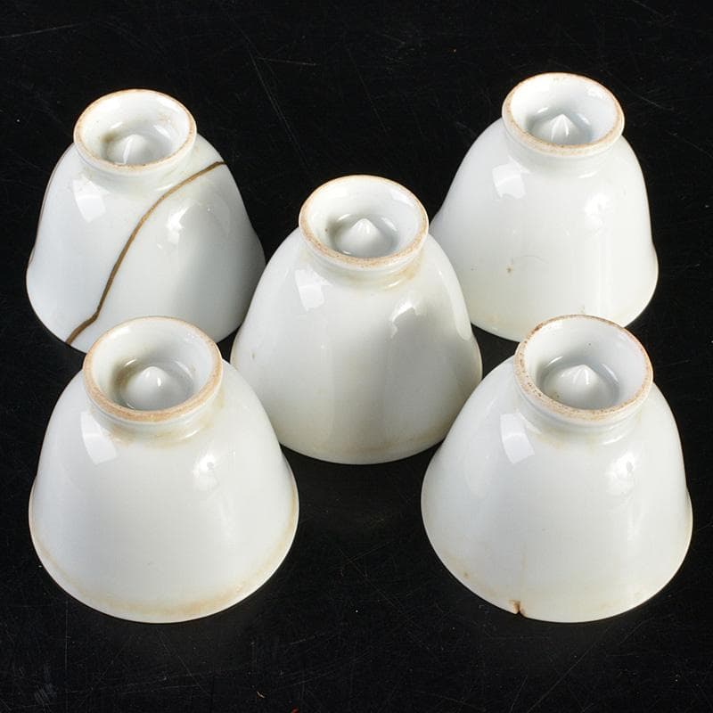 中国 南京白磁 染付寿文 煎茶碗 五客 時代箱付 金継ぎ直しあ M R6911