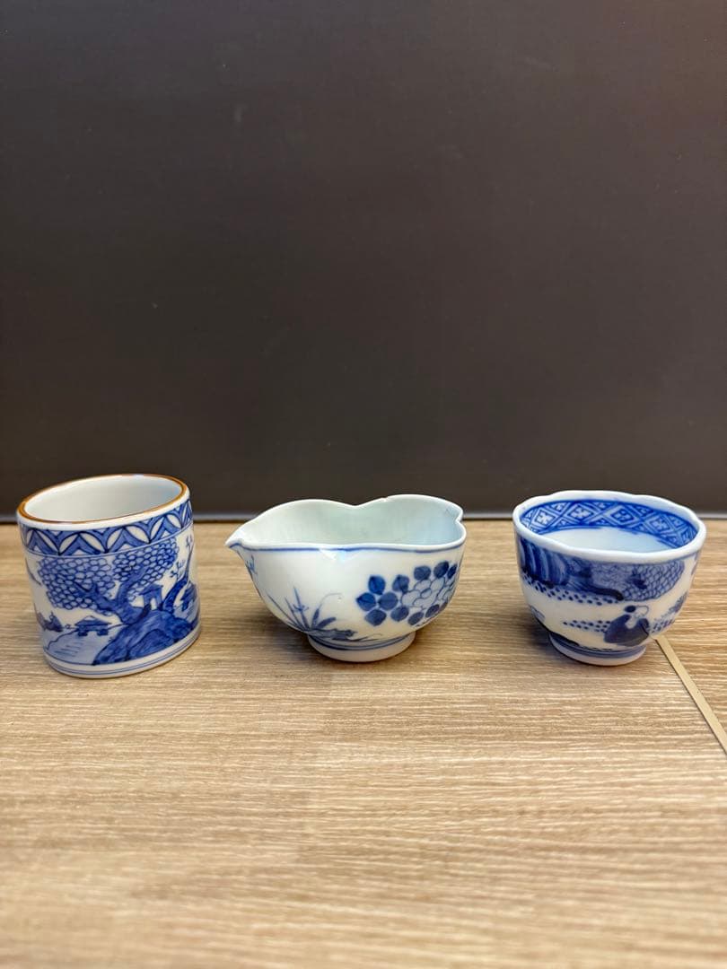 1524 染付青花　湯冷し1  蓋置1  湯呑1