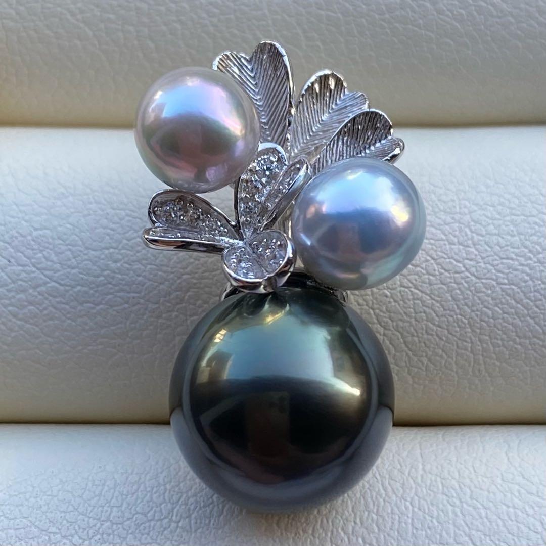 本真珠 南洋黒蝶真珠&あこや真珠ネックレストップ 12.1mmグリーンPT825