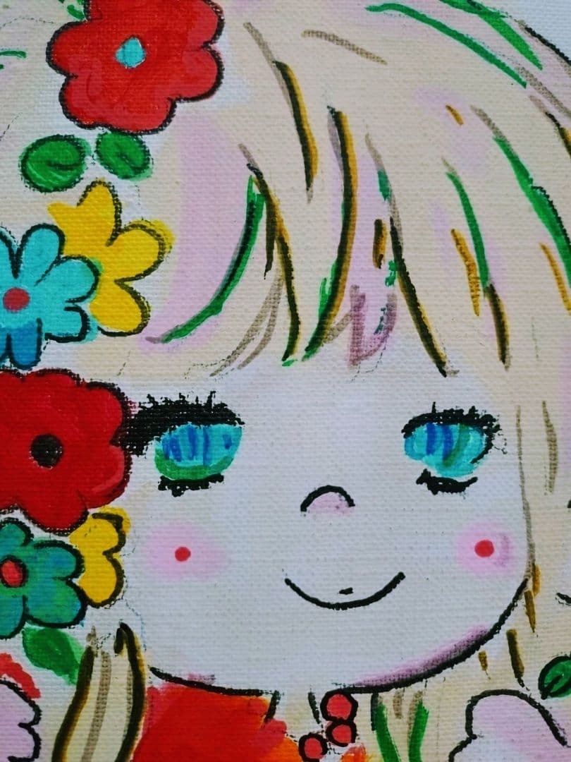 F6号】水森亜土 手描き作品/表裏サイン・裏描き有/油彩/アクリル/額縁/額装