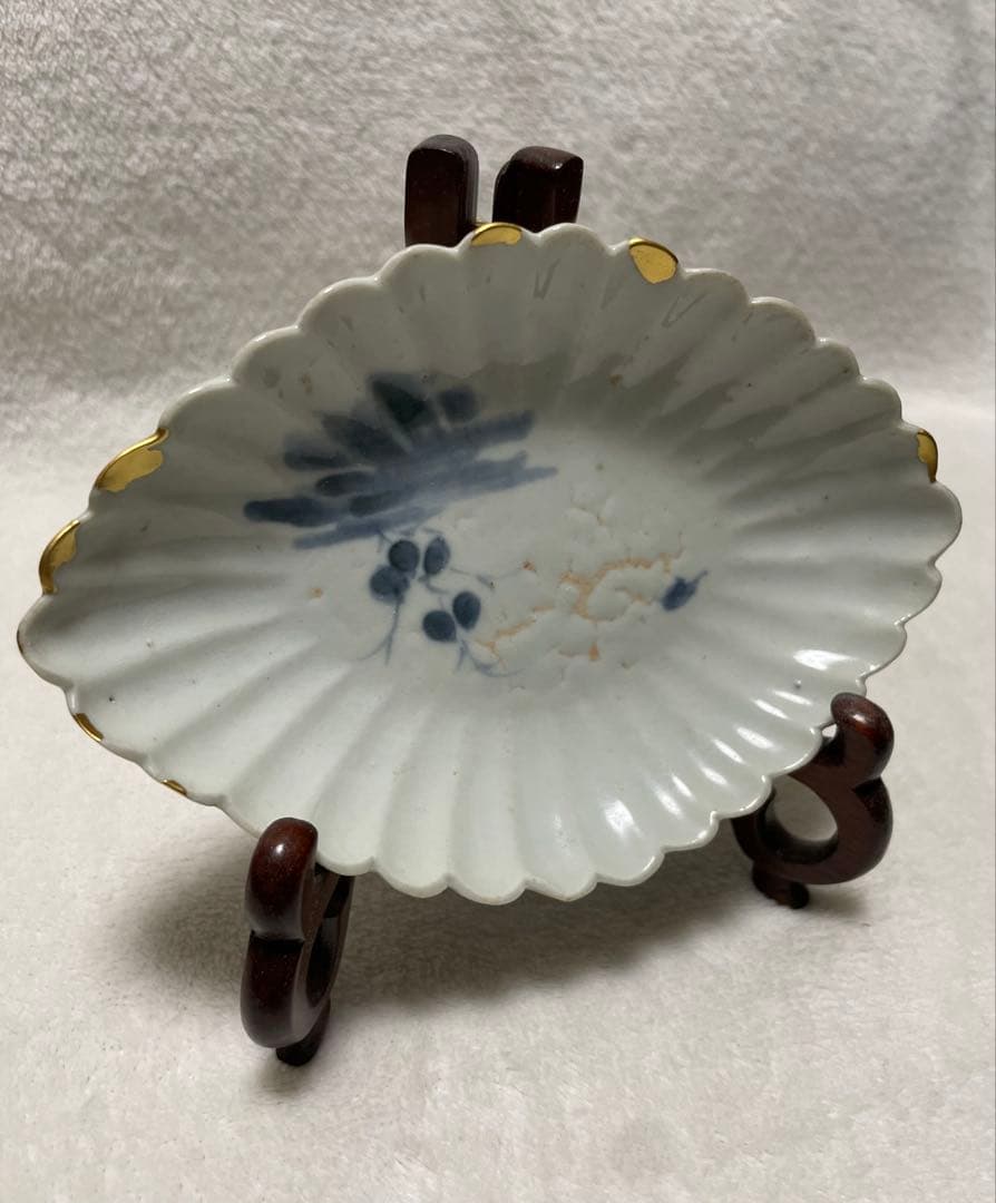 伊万里 染付山水文小皿 貝殻型菱皿