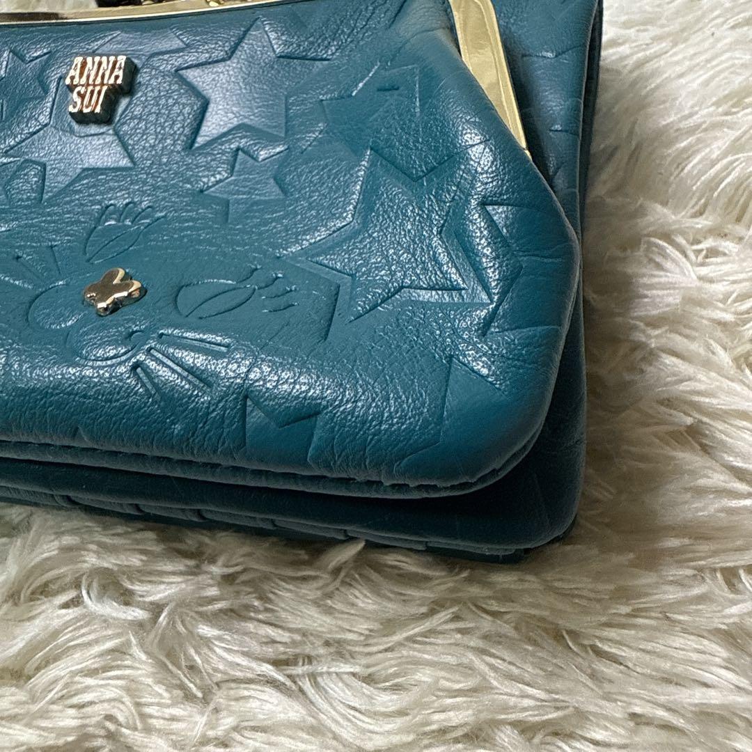 ANNA SUI 二つ折り財布 がま口 プレイングキャット ネコ ターコイズ