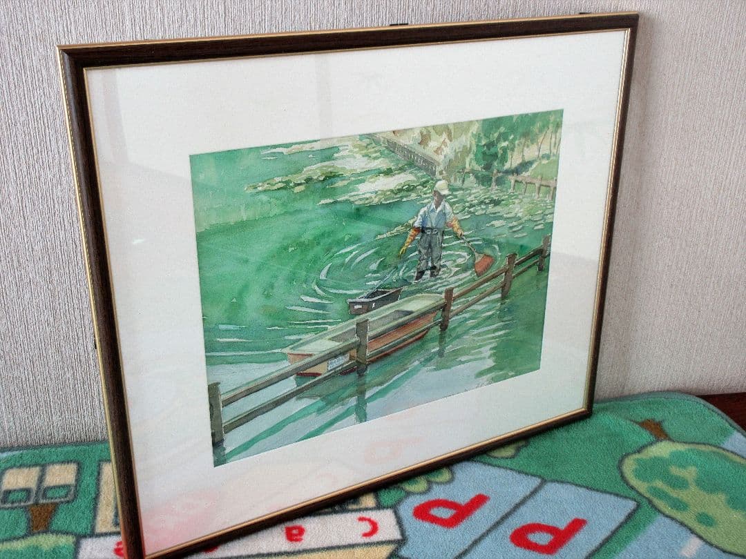 水彩画「池の雑草取り」