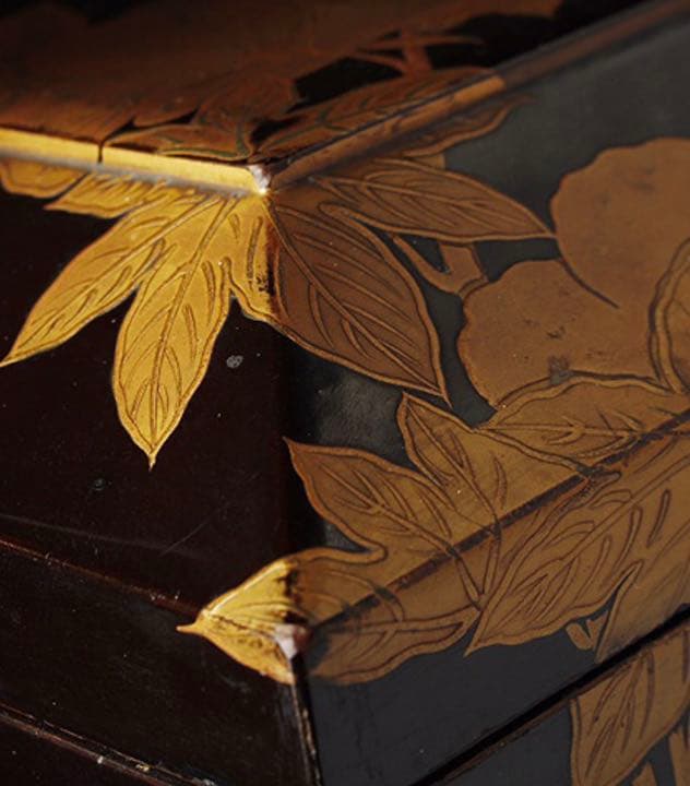 江戸後期〜明治期 高級茶道具 木箱付アンティーク木黒漆塗 草花