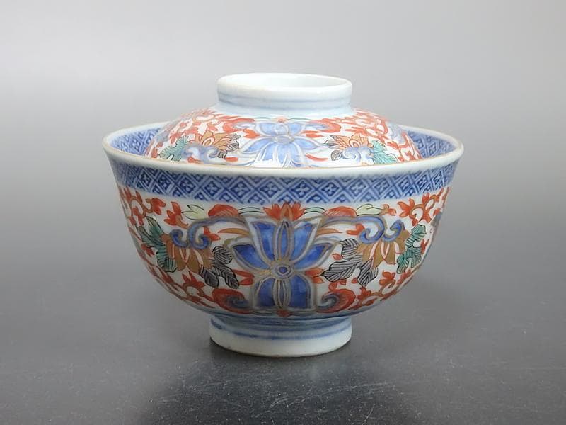 古伊万里　色絵　花唐草に鳳凰の図　蓋茶碗　２客C239A-B -BDg