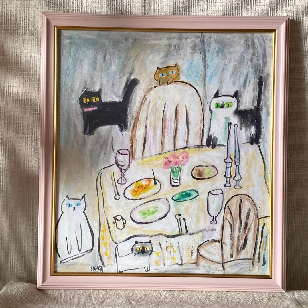 絵画 。壁掛け絵手描き【夕食の前、かわいい猫たち】