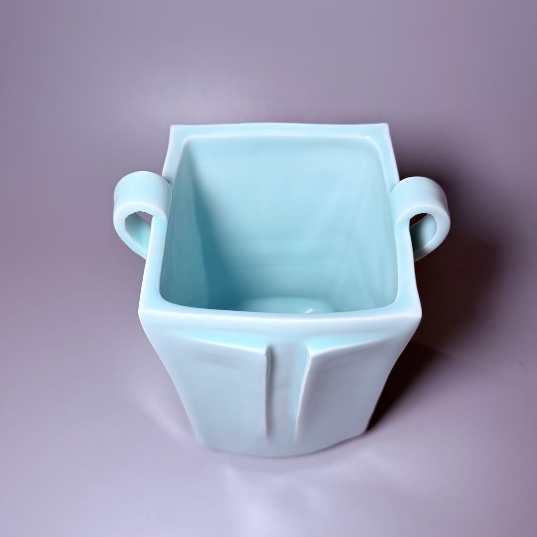 凌山陶芸 松尾重利 本人作 青磁方形耳付花生 納箱 現代アート