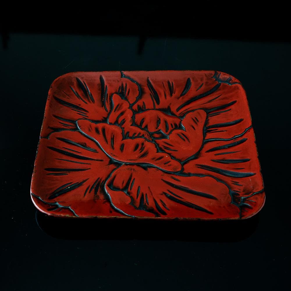 時代年代物 木製漆器 鎌倉彫 牡丹文 長方盆 飾皿 茶道具 煎茶道具 黄布