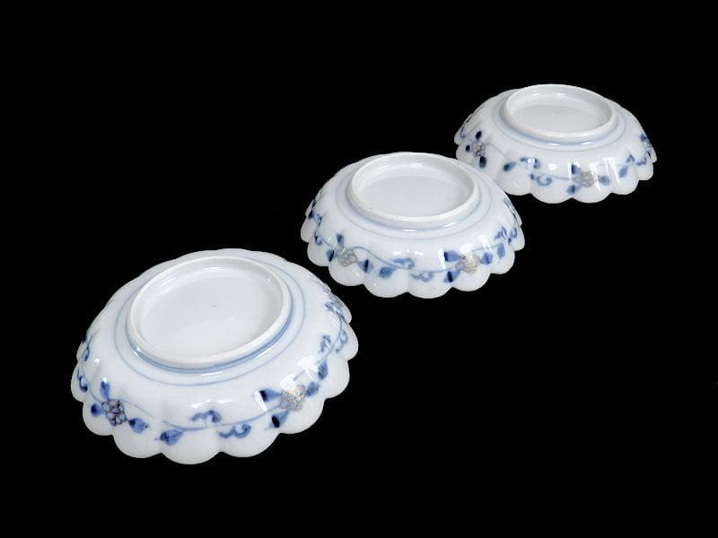 大聖寺伊万里　金襴手　鳳凰に雲龍の図　輪花４寸皿　３枚　E343AS-CBr