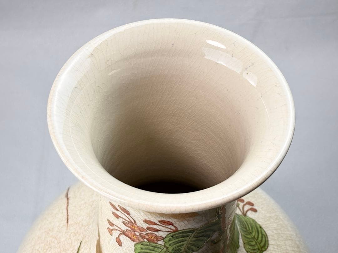 白薩摩 島津家 【丸十字薩摩】印 金彩色絵花鳥図 大花瓶 花器