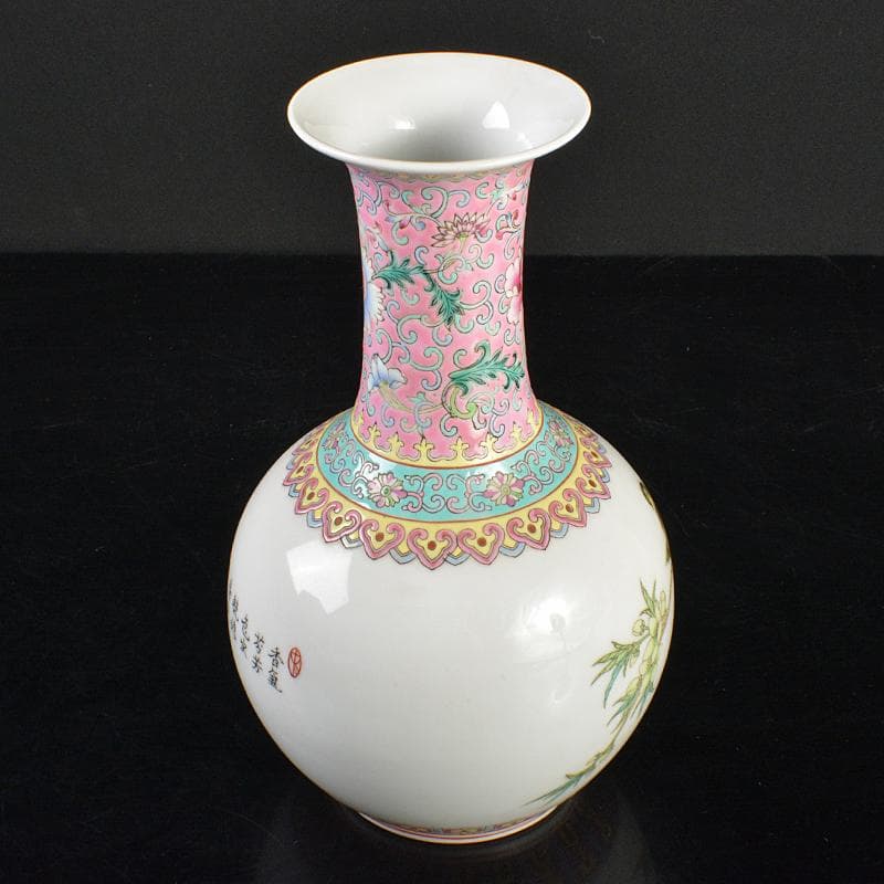 中国　中国景徳鎮製　粉彩　漢詩花鳥文　玉壷春瓶　時代箱付　M　R6427