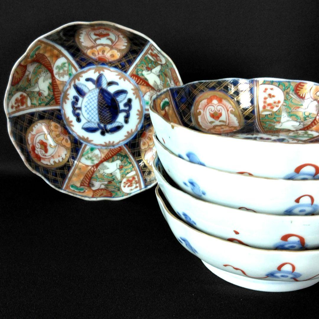 明治～大正 古伊万里 絢爛豪華 金襴手 二重角冨紋 膾皿 5客揃 角富 なます皿