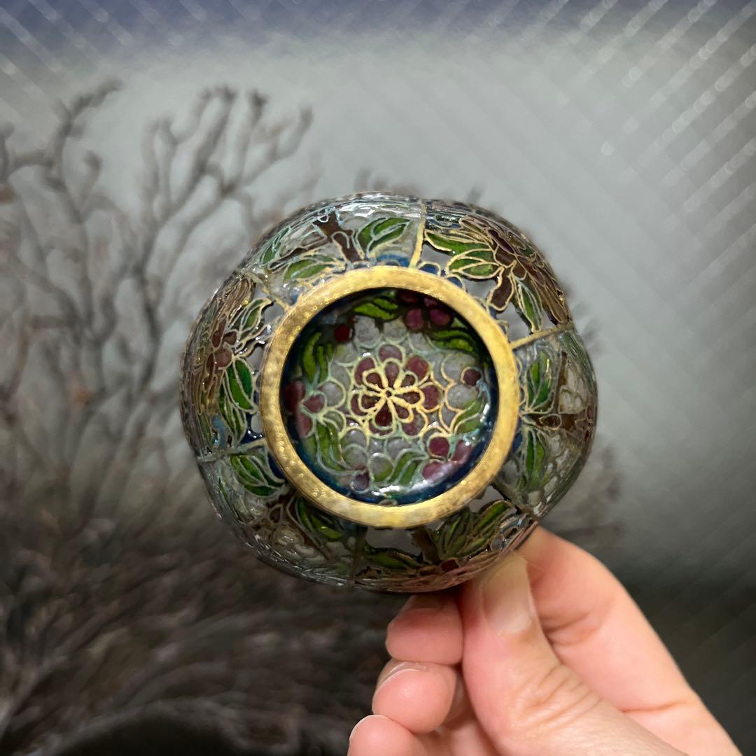 骨董 ガラス七宝 透胎七宝 省胎七宝 透かし技法 彩色花綴り 輪花