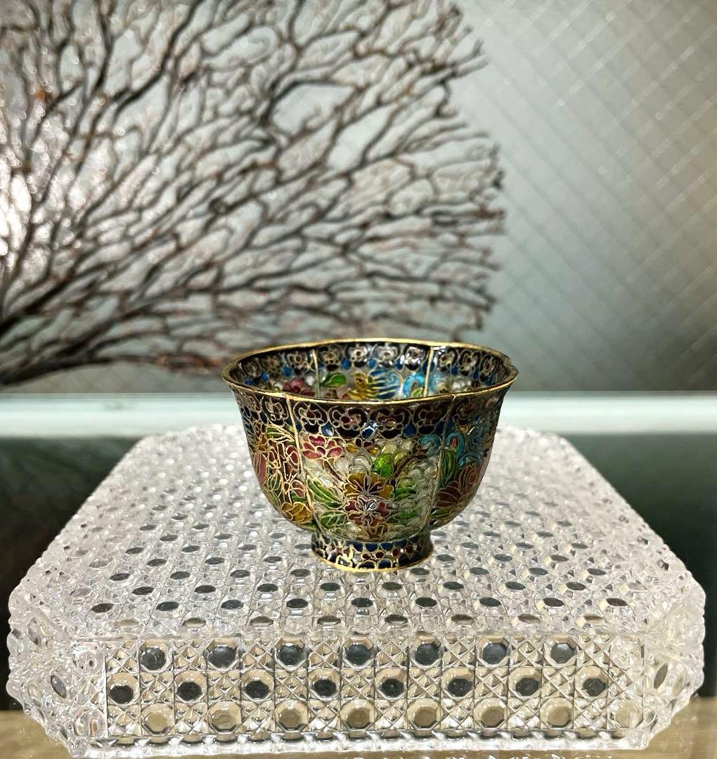 骨董 ガラス七宝 透胎七宝 省胎七宝 透かし技法 彩色花綴り 輪花