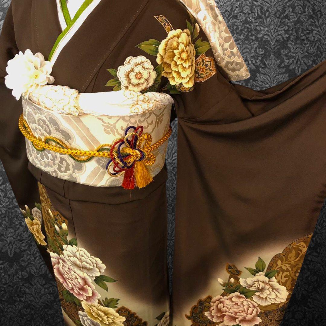 振袖フルセット(8点)・作家物・落款入り・更紗牡丹・高級縮緬・モダン