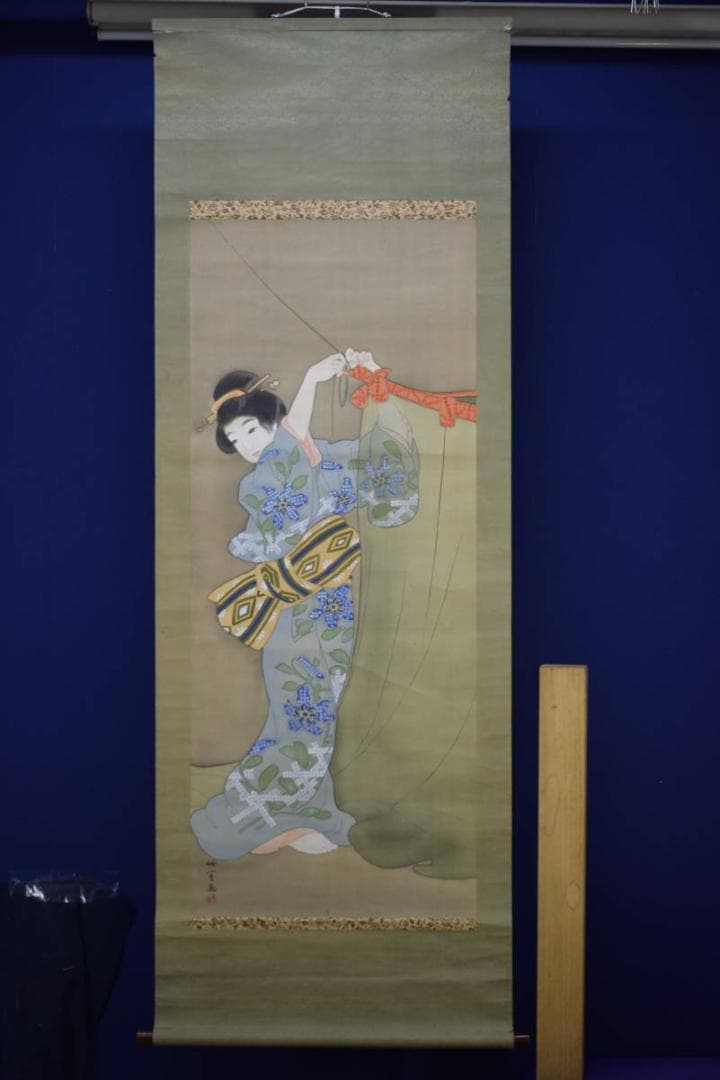 真作/竹園/蚊帳美人図/布袋屋掛軸HE-738