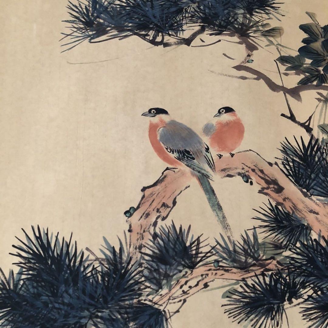 【顔伯龍】《棲松有伴》三尺中堂 掛け軸　紙本着色　中国書画