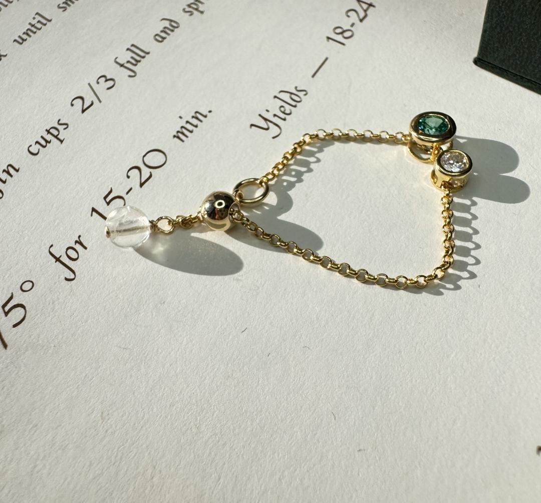 天然トルマリン粉末混 人工パライバ × モアサナイト チェーンリング14KGF