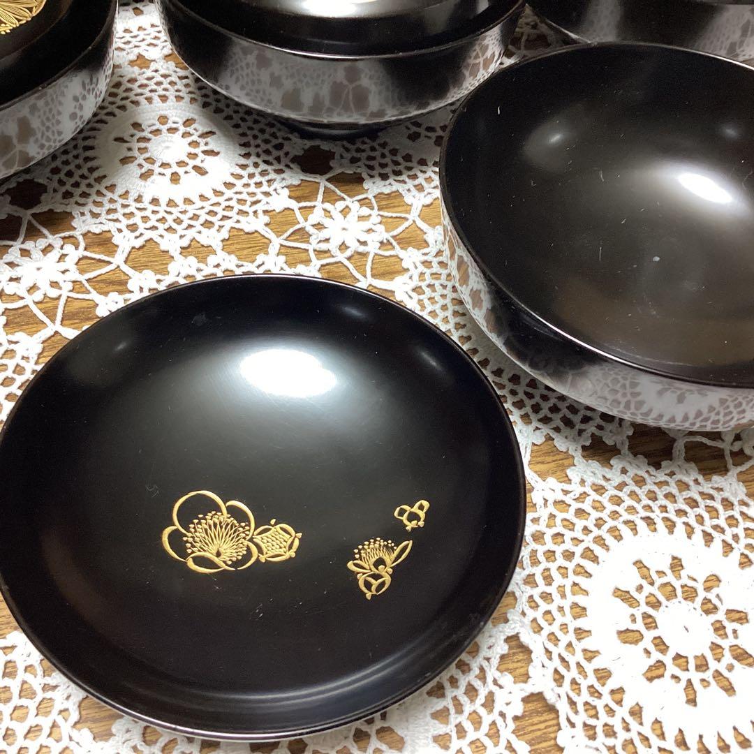 k2f16 黒色漆器 吸物椀 10客　金色花模様　四君子　年代物 k2f16 黒色漆器 吸物椀 10客 金色花模様 四君子 年代物