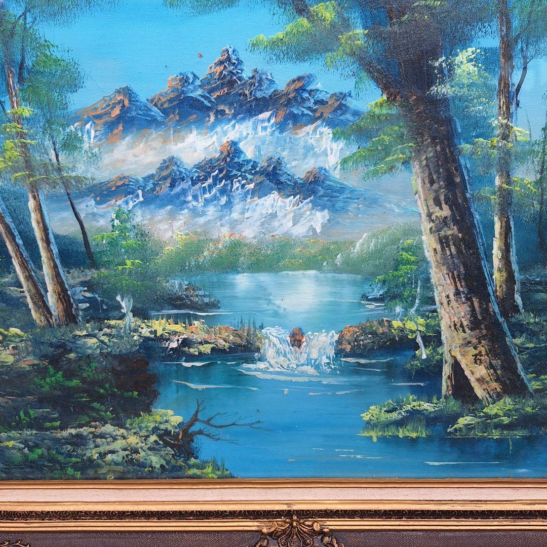 絵画　油絵　120cm×80cm　ヴィンテージ　レトロ　額　山、川のほとり