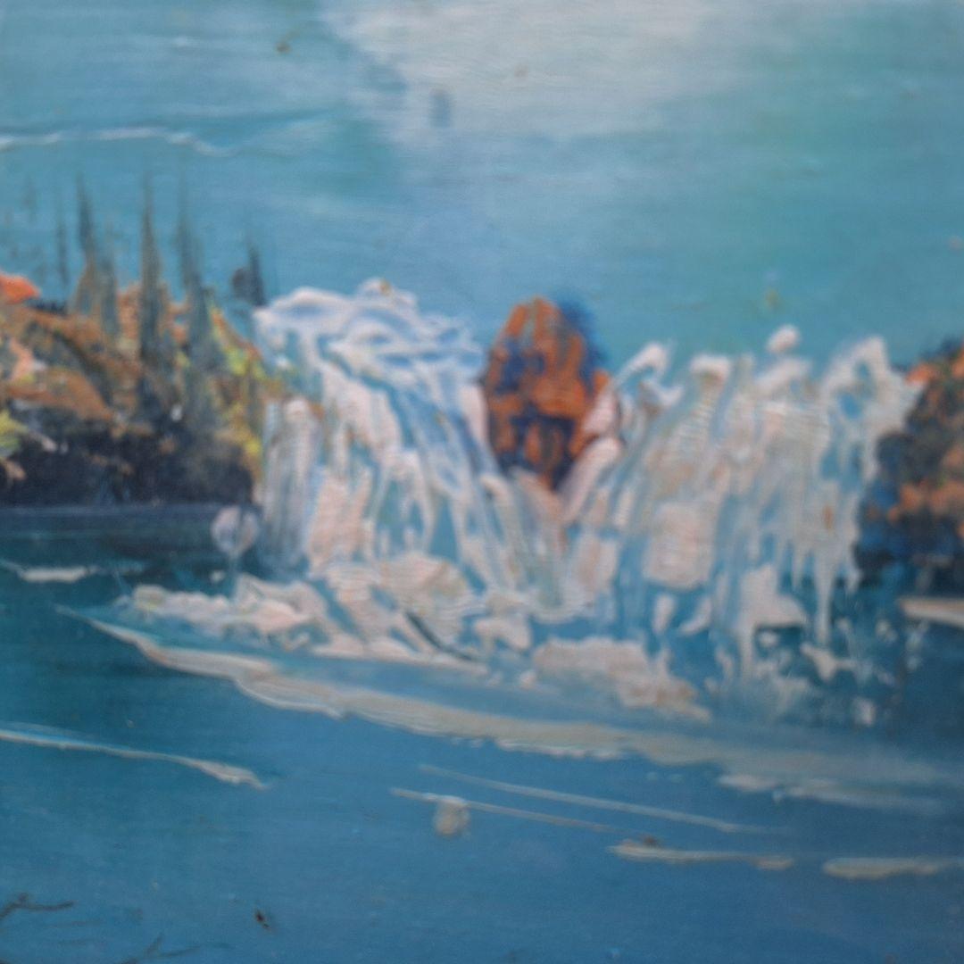 絵画　油絵　120cm×80cm　ヴィンテージ　レトロ　額　山、川のほとり