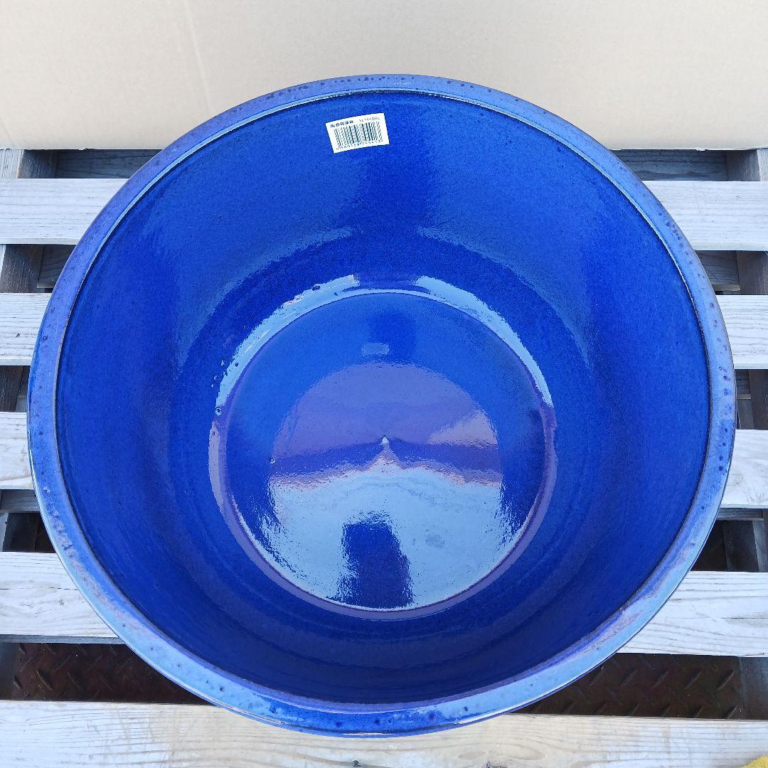 新品 ∅50 特大 陶器 睡蓮鉢 手造り メダカ鉢 難有 ラピスブルー 青LDB