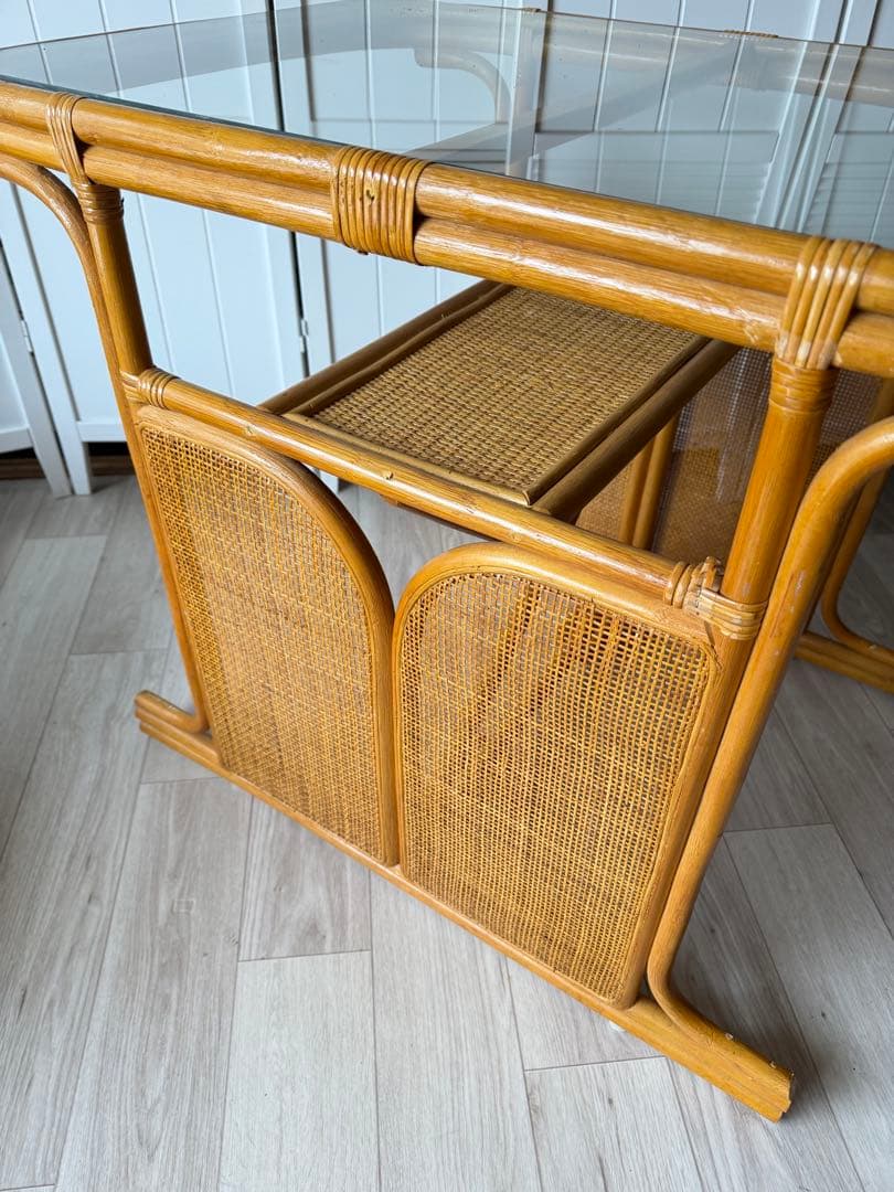 ラタン ガラステーブル 籐 ダイニングテーブル レトロ ビンテージ