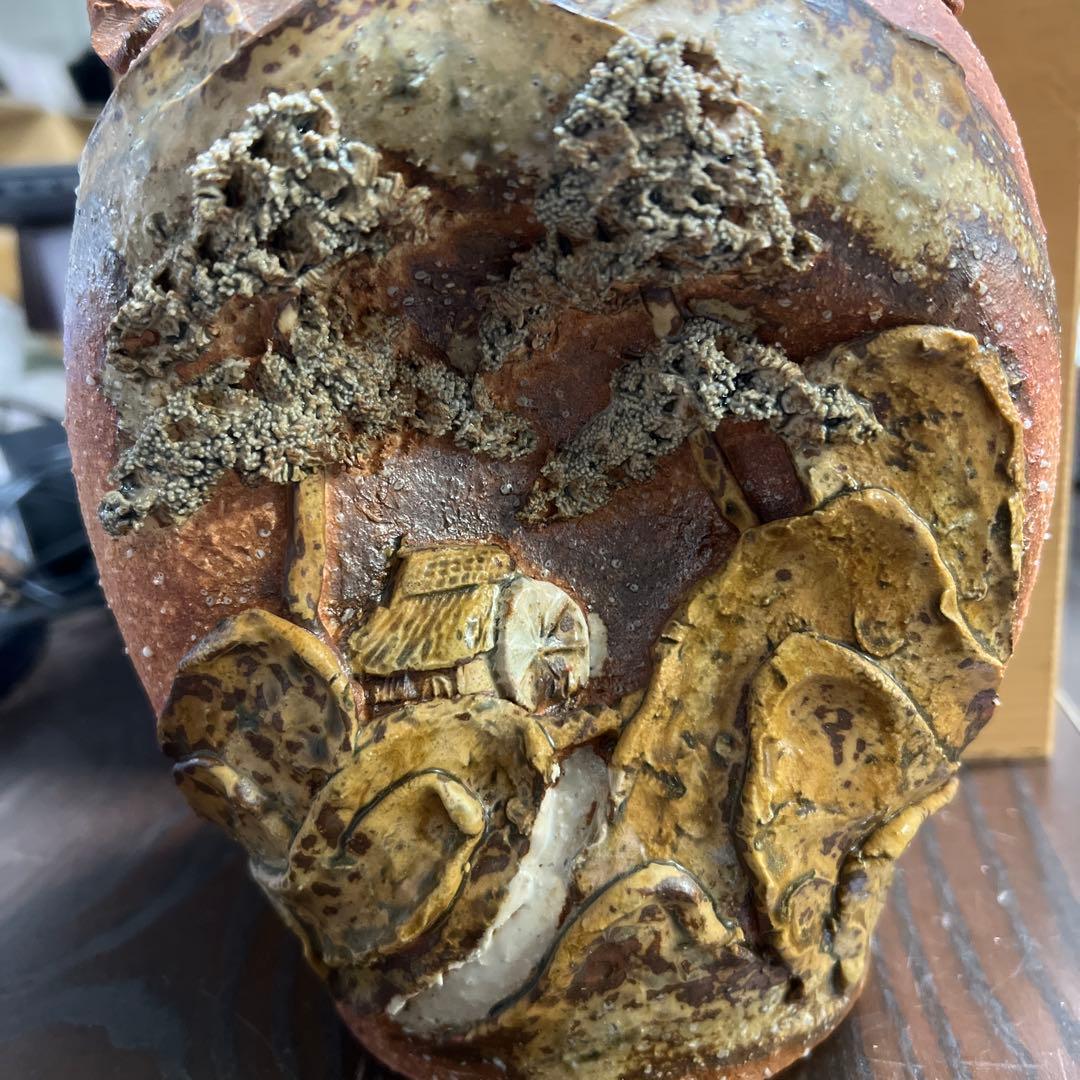 【共箱・説明文付き】信楽焼 花入 仙山窯 素朴で力強い風景の装飾 高さ22.5