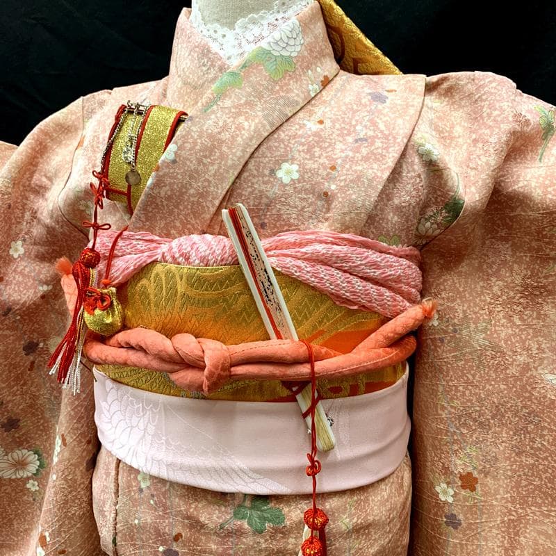 509ag31□七五三 七歳 女児 着物&袋帯 菊 梅 くすみピンク□美品