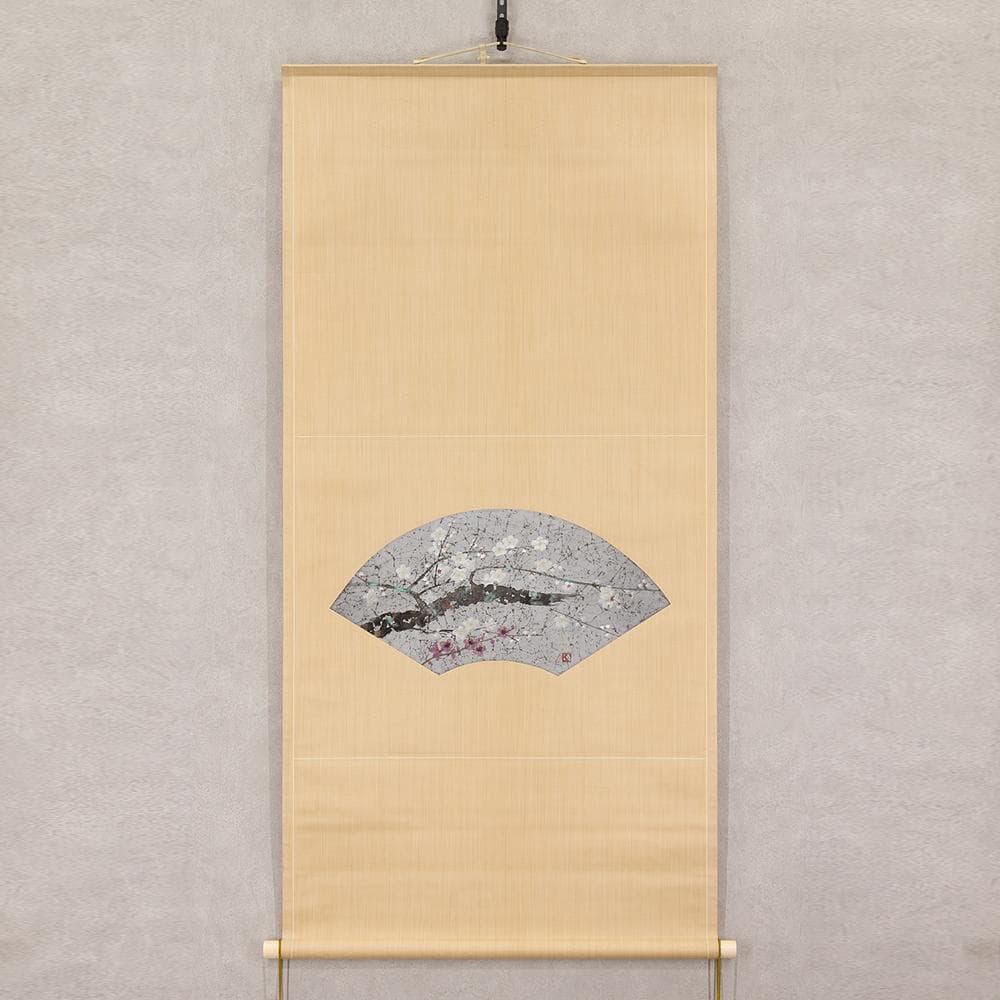 掛軸〈浜田三郎〉「紅白梅」扇面 共箱 二重箱 北海道生 日展菊華賞