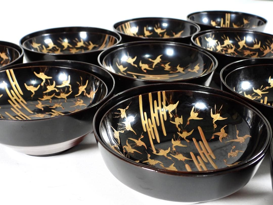 【ゆりかご】金蒔絵 千羽鶴 黒塗煮物椀 10客 木製漆器 天然木